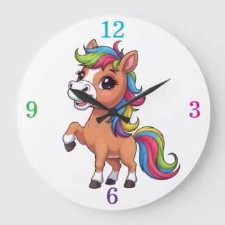 Mooie bruine pony regenboogmanen kinderkamer ronde grote klok
