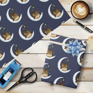 Mooie bruine uil halve maan sterren blauw cadeaupapier