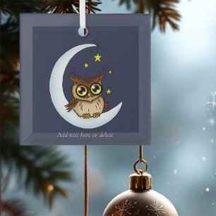 Mooie bruine uil halvemaan sterren blauw glas ornament
