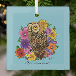 Mooie Bruine Uil Kleurrijke Bloemenboeket Glas Ornament