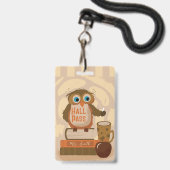 Mooie bruine uil studentenkoart badge met naam (Voorzijde met lanyard)