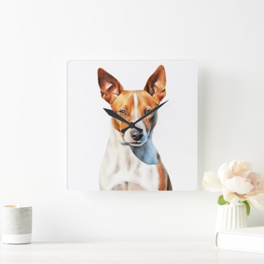 MOOIE BRUINE & WITTE BASENJI HOND VIERKANTE KLOK (Huis)