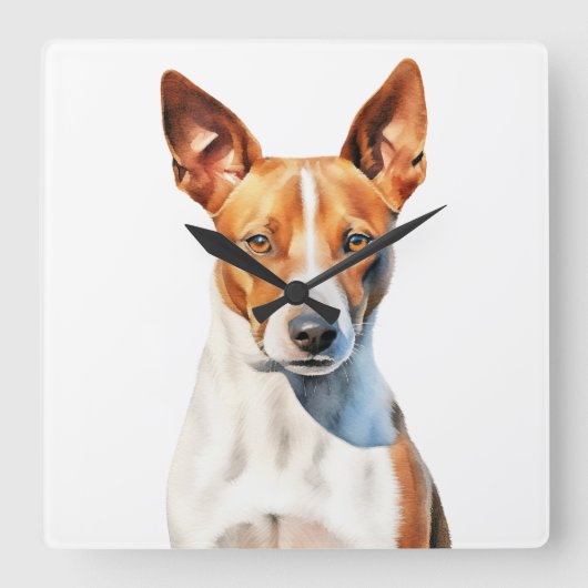 MOOIE BRUINE & WITTE BASENJI HOND VIERKANTE KLOK (Voorkant)