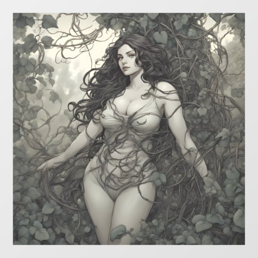 Mooie brunette vrouw in wijnstokken tekening raamsticker (Vel)