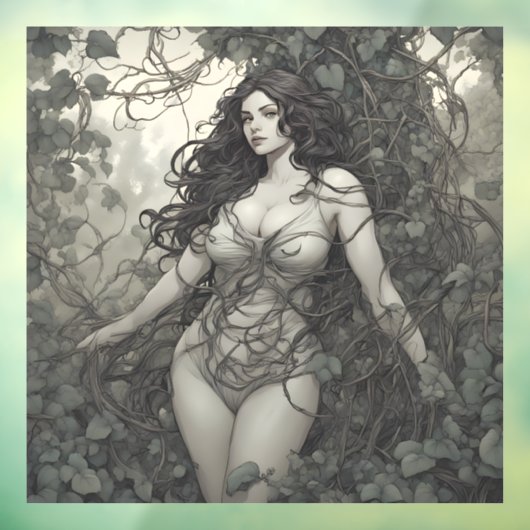 Mooie brunette vrouw in wijnstokken tekening raamsticker (Vel 3)