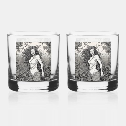 Mooie brunette vrouw in wijnstokken tekening whisky glas (Voorkant)