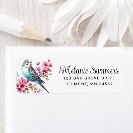 Mooie Budgie met Roze Bloemen Retouradres Etiket (Insitu)