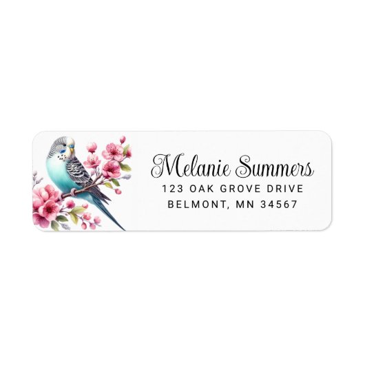 Mooie Budgie met Roze Bloemen Retouradres Etiket (Voorkant)