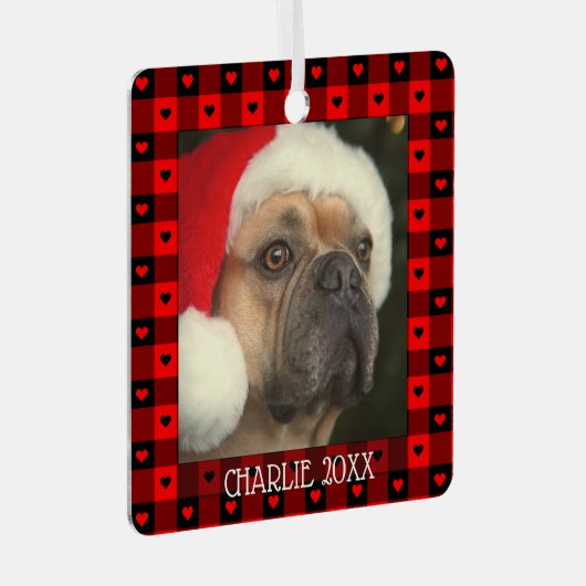 Mooie Buffalo-geruite harten Aangepaste hond Kerst Metalen Ornament (Voorkant Rechts)