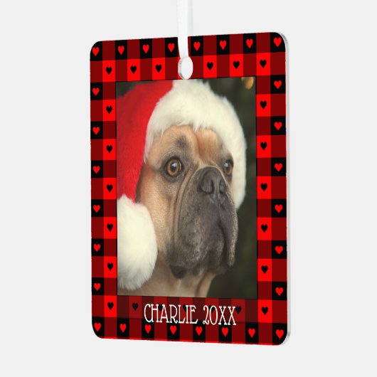 Mooie Buffalo-geruite harten Aangepaste hond Kerst Metalen Ornament (Voorkant links)