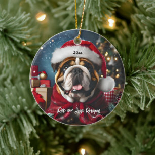 Mooie Bulldog met Kerstman Hoed Keramisch Ornament