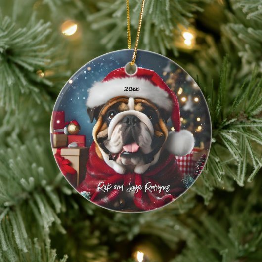 Mooie Bulldog met Santa Hat Keramisch Ornament (Boom)