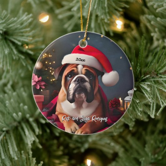 Mooie Bulldog met Santa Hat Keramisch Ornament (Boom)