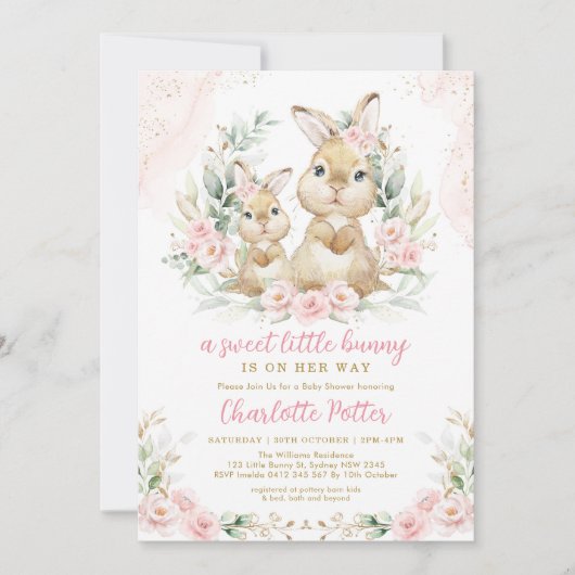 Mooie Bunny Roze Bloemige Eucalyptus Baby Shower Kaart (Voorkant)