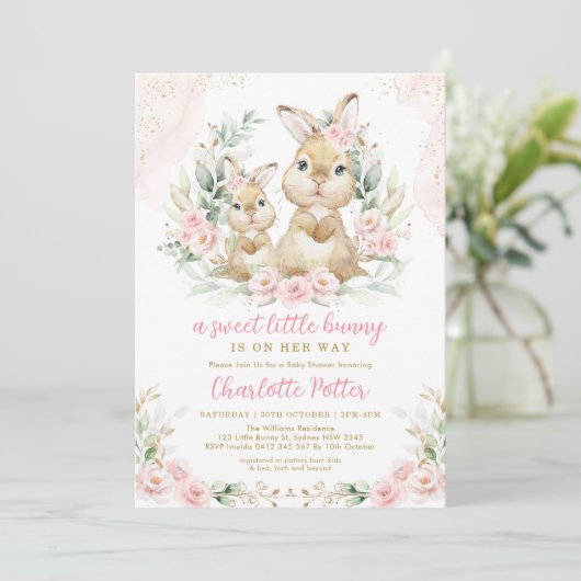 Mooie Bunny Roze Bloemige Eucalyptus Baby Shower Kaart (Staand voorkant)
