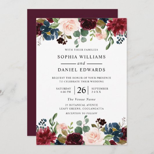 Mooie Burgundy Blush Floral Wedding Kaart (Voorkant / Achterkant)