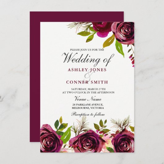 Mooie Burgundy Deep Red Floral Wedding Invite Kaart (Voorkant / Achterkant)