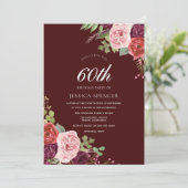 Mooie Burgundy Flowers 60th Birthday Invite Kaart (Staand voorkant)