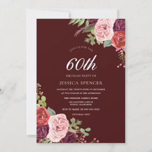 Mooie Burgundy Flowers 60th Birthday Invite Kaart