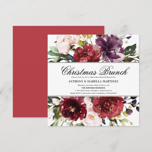 Mooie Burgundy Red Floral met kerst Brunch Kaart (Voorkant / Achterkant)