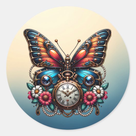 Mooie Butterfly Pocket horloge en bloemen Ronde Sticker (Voorkant)