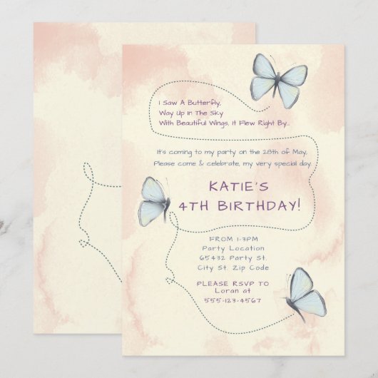 Mooie, Butterfly verjaardagsfeestje uitnodigingen (Voorkant / Achterkant)
