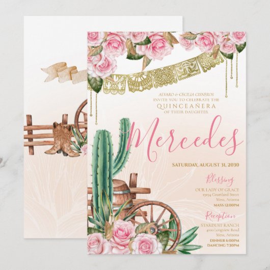 Mooie Cactus Roos Western Charro Quinceanera Kaart (Voorkant / Achterkant)