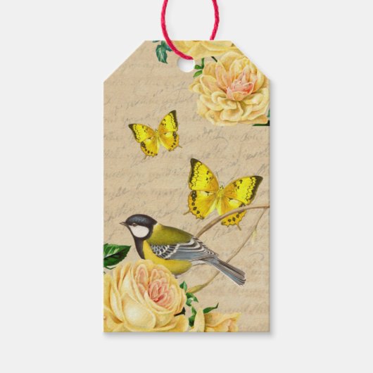 Mooie cadeau labels met vogel en rozen cadeaulabel (Voorkant)