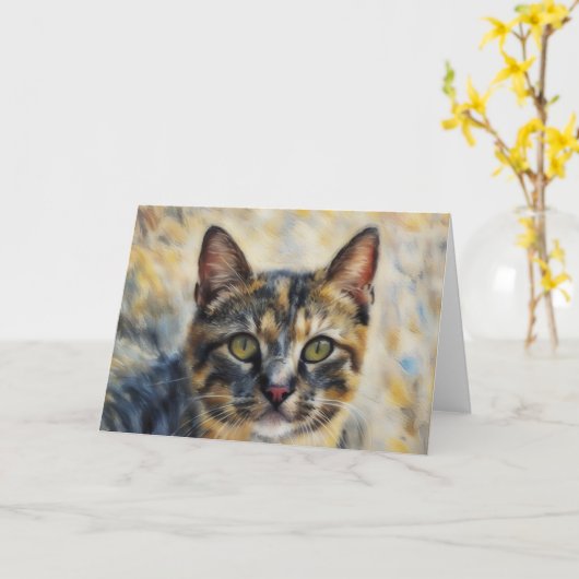 Mooie Calico Cat Waterverf Art Note Kaart (Gele Bloem)