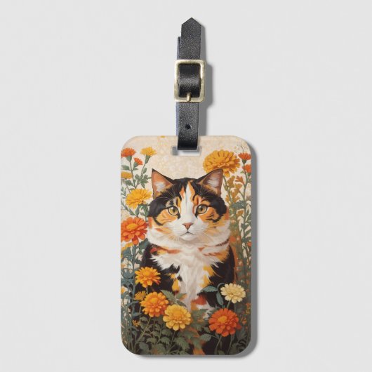 Mooie Calico kat met goudsbloem bloemen Bagagelabel (Voorkant (verticaal))