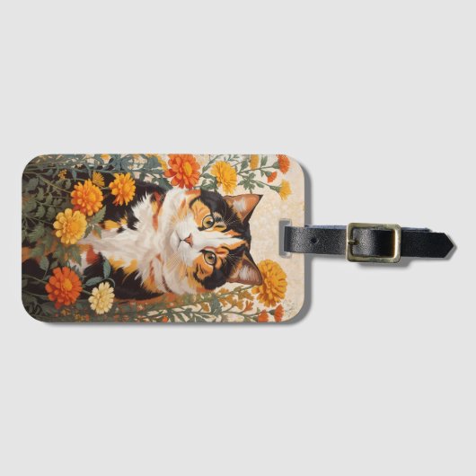 Mooie Calico kat met goudsbloem bloemen Bagagelabel (Voorkant (horizontaal))