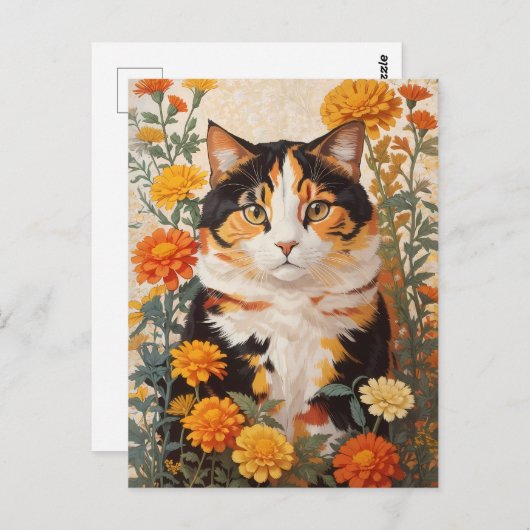 Mooie Calico kat met goudsbloem bloemen Briefkaart (Voorkant / Achterkant)