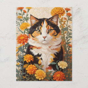 Mooie Calico kat met goudsbloem bloemen Briefkaart