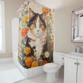 Mooie Calico kat met goudsbloem bloemen Douchegordijn (In situ)