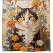 Mooie Calico kat met goudsbloem bloemen Douchegordijn (Voorkant)