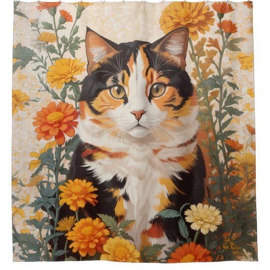 Mooie Calico kat met goudsbloem bloemen Douchegordijn (Voorkant)