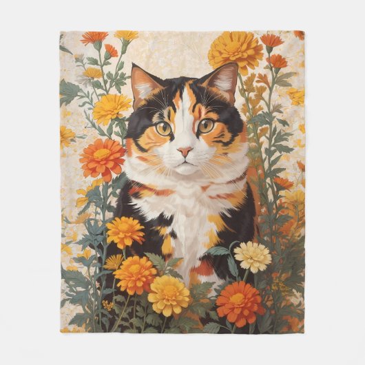 Mooie Calico kat met goudsbloem bloemen Fleece Deken (Voorkant)