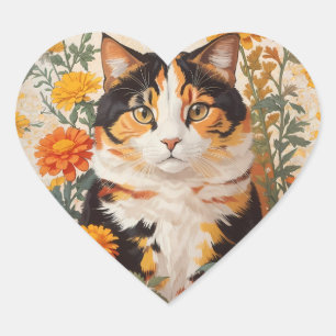 Mooie Calico kat met goudsbloem bloemen Hart Sticker