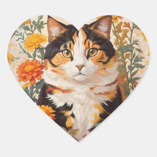 Mooie Calico kat met goudsbloem bloemen Hart Sticker (Voorkant)