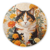 Mooie Calico kat met goudsbloem bloemen Keramische Knop (Voorkant)