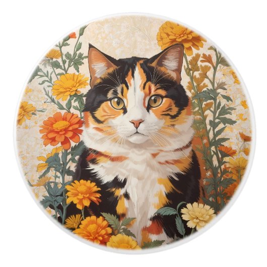 Mooie Calico kat met goudsbloem bloemen Keramische Knop (Voorkant)