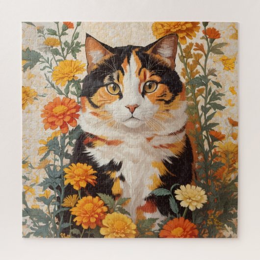 Mooie Calico kat met goudsbloem bloemen Legpuzzel (Verticaal)