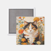 Mooie Calico kat met goudsbloem bloemen Magneet (Voorkant / Achterkant)