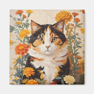 Mooie Calico kat met goudsbloem bloemen Magneet