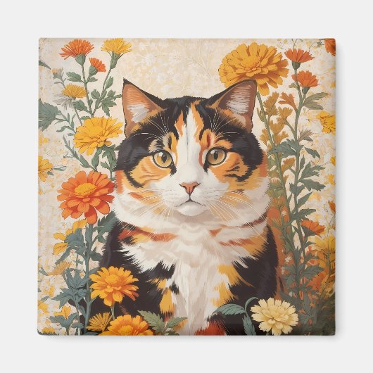 Mooie Calico kat met goudsbloem bloemen Magneet (Voorkant)