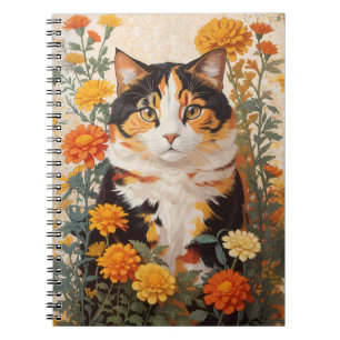 Mooie Calico kat met goudsbloem bloemen Notitieboek