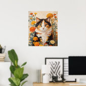 Mooie Calico kat met goudsbloem bloemen Poster (Thuiskantoor)