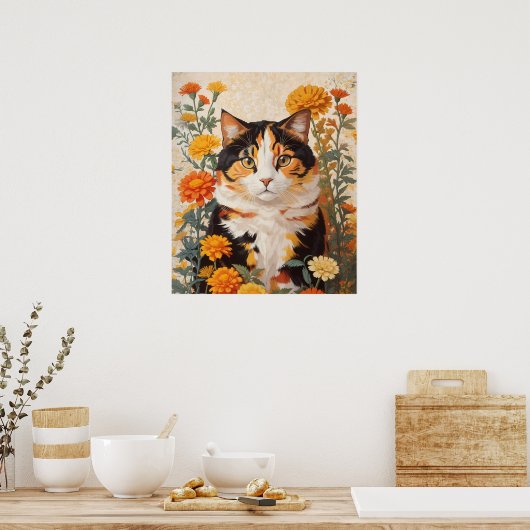 Mooie Calico kat met goudsbloem bloemen Poster (Keuken)