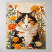 Mooie Calico kat met goudsbloem bloemen Poster (Voorkant)