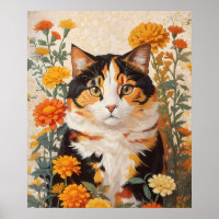 Mooie Calico kat met goudsbloem bloemen